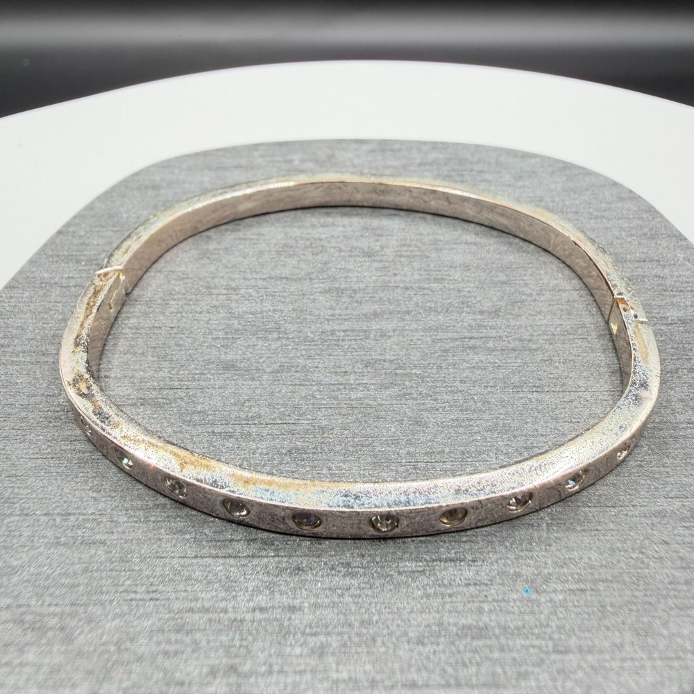 Silver Tone Rhinestone Hinged Bangle Bracelet Crystal Bezel Minimalist Jewelry